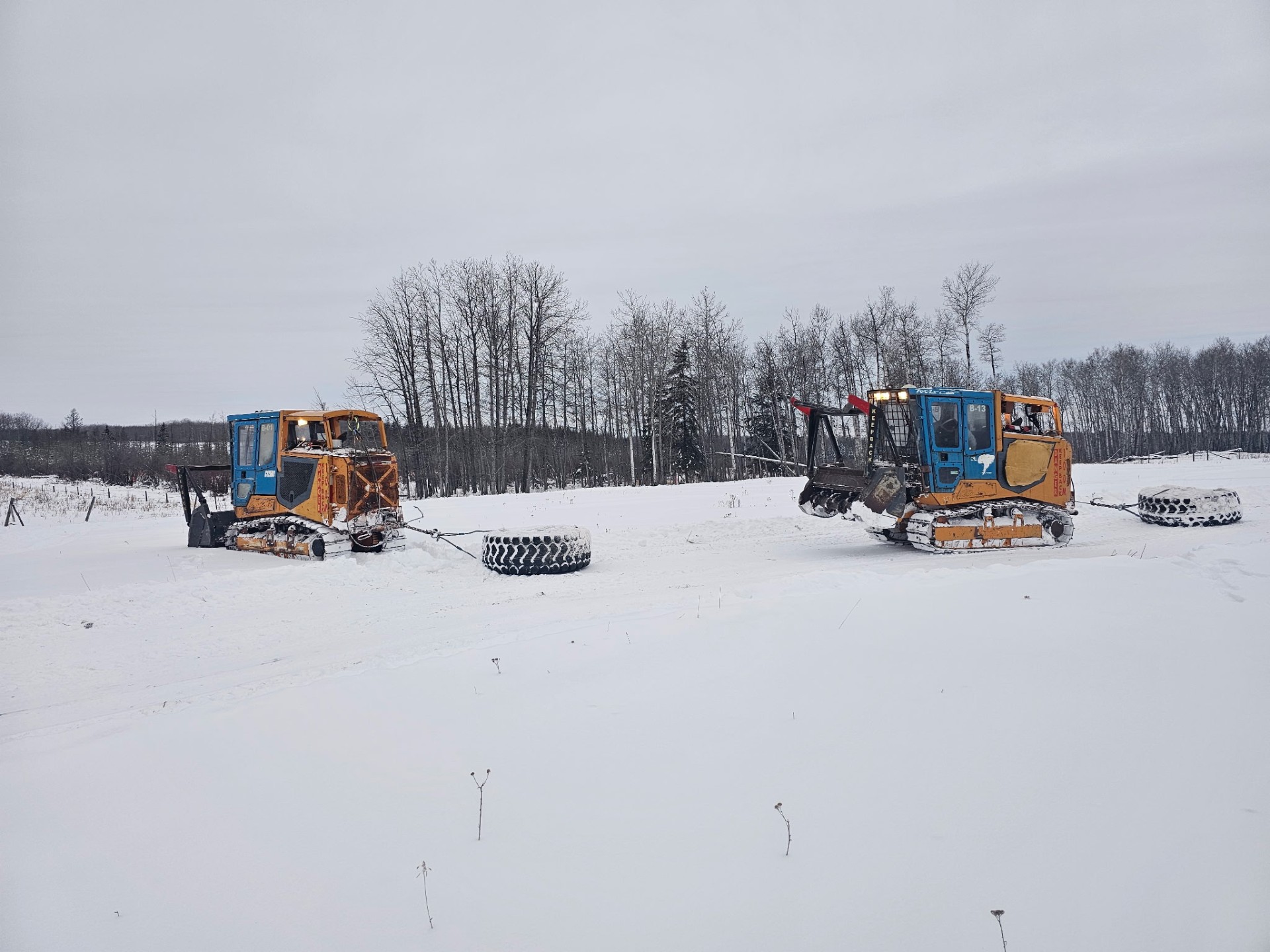 Two mulchers dragging tires across a snow-covered field